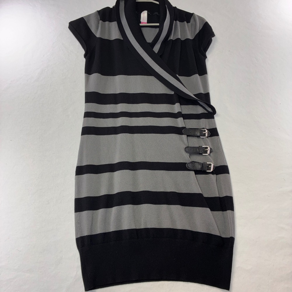 417 No Boundaries Stripe Buckle Sweater Dress L Black Grey Y2K Indie